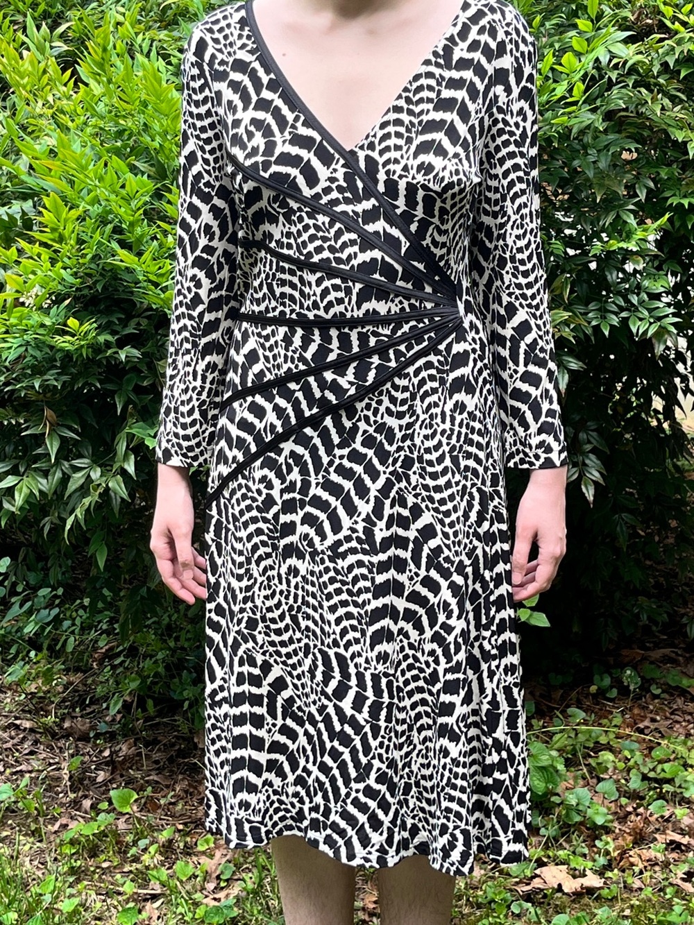 connected apparel Black and White Abstract Wrap-Style Long Sleeve Dress